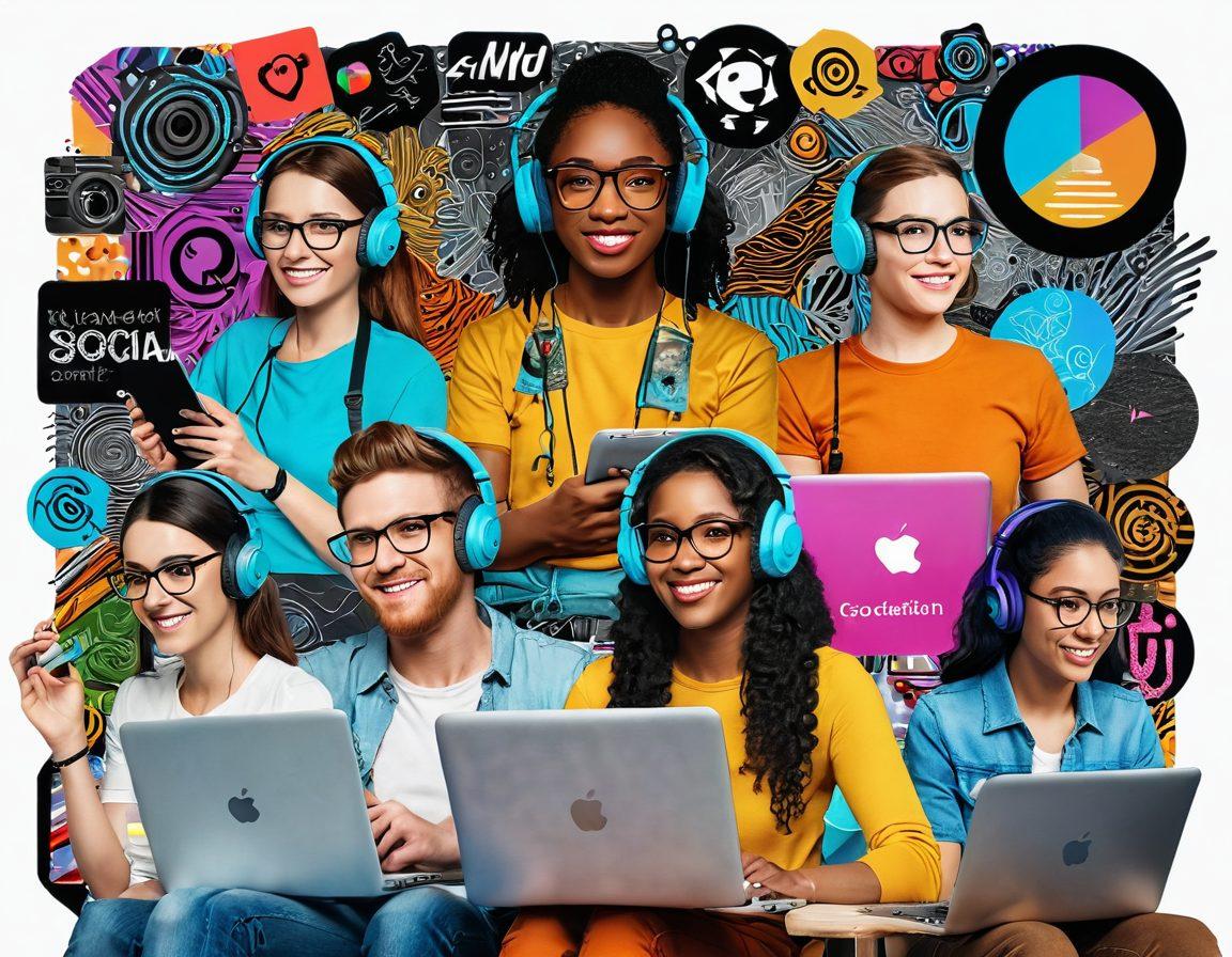 An intricate collage showcasing a diverse group of content creators at work: a writer typing on a laptop, a vlogger recording with a camera, a graphic designer sketching on a tablet, and an audio podcaster with headphones, all set against a backdrop of vibrant digital elements and glowing social media icons. The atmosphere conveys creativity, collaboration, and innovation. super-realistic. vibrant colors. 3D.