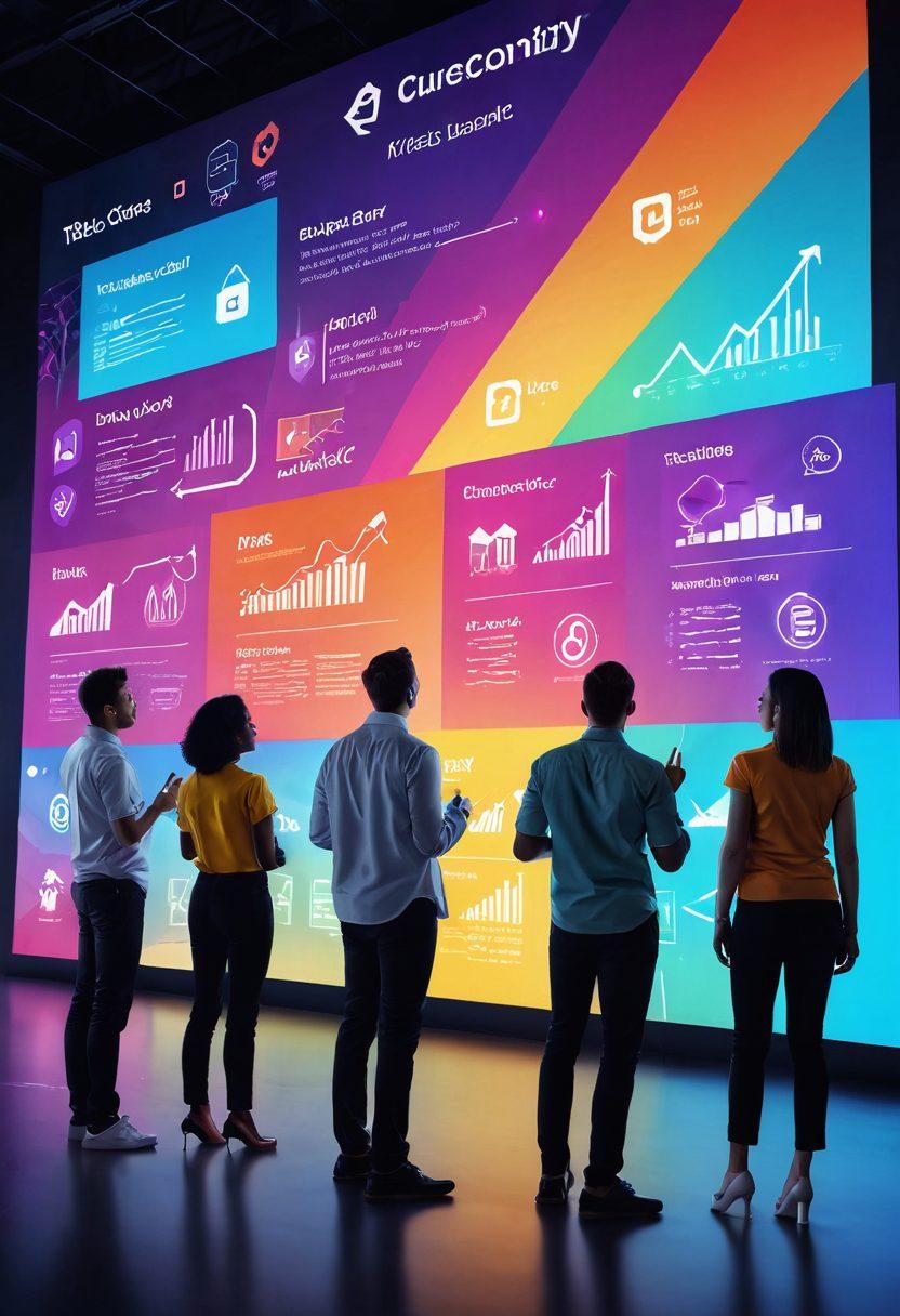 A dynamic scene depicting a diverse group of people interacting with a large digital screen displaying engaging website content. Features a mix of excitement and curiosity on their faces, with arrows and graphs symbolizing traffic growth around them. The background includes abstract shapes representing digital connectivity. bright colors and a techy atmosphere. super-realistic. vibrant colors.