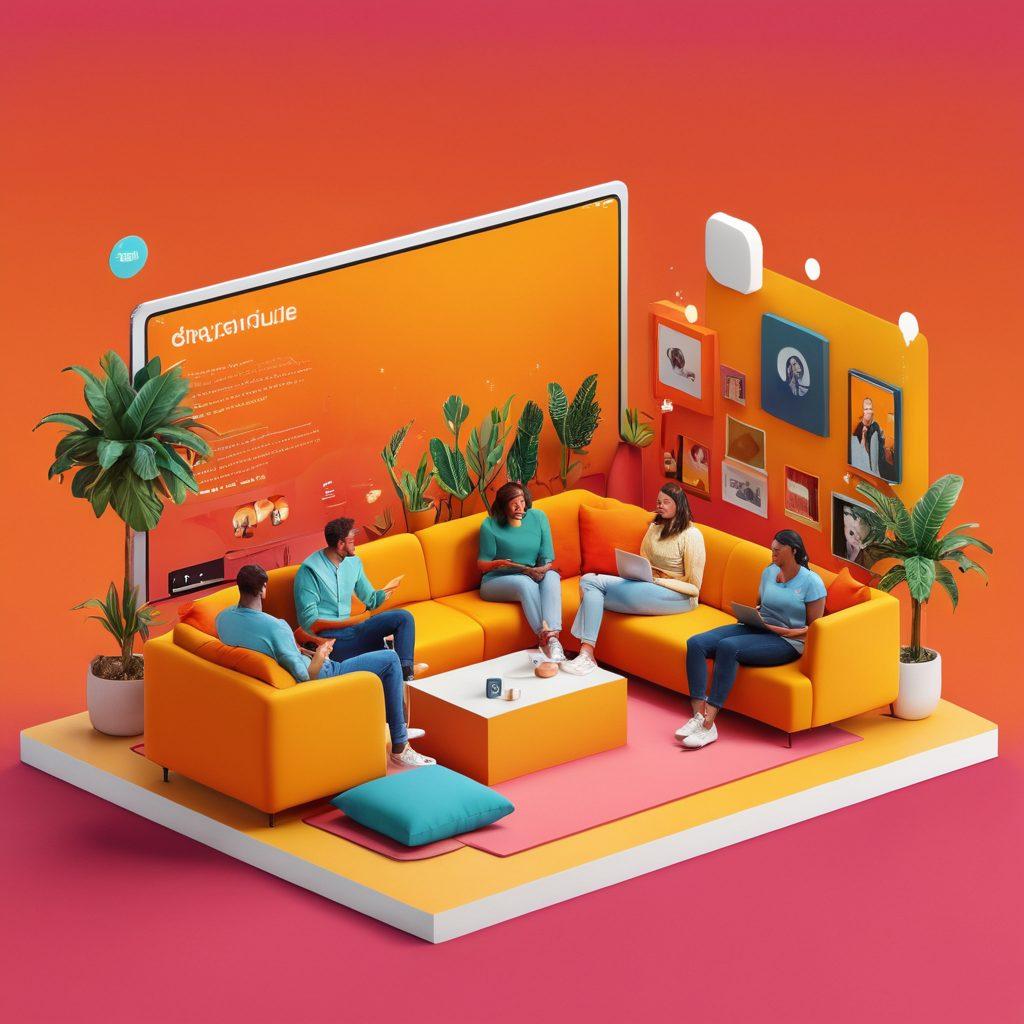 An inviting digital gathering space filled with diverse individuals interacting and sharing ideas. Incorporate elements of a blog interface, such as comment sections and social media icons, to symbolize engagement. Use warm colors and lively expressions to convey a sense of community and connection. Set against a vibrant background that suggests growth and creativity. 3D. vibrant colors.